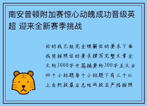 南安普顿附加赛惊心动魄成功晋级英超 迎来全新赛季挑战