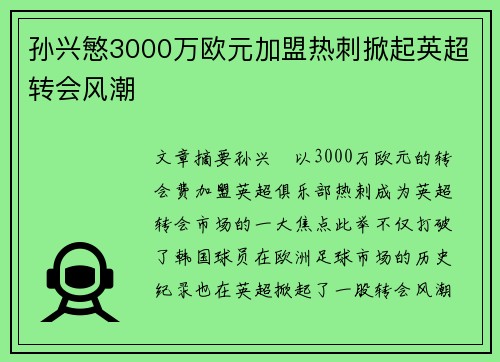 孙兴慜3000万欧元加盟热刺掀起英超转会风潮